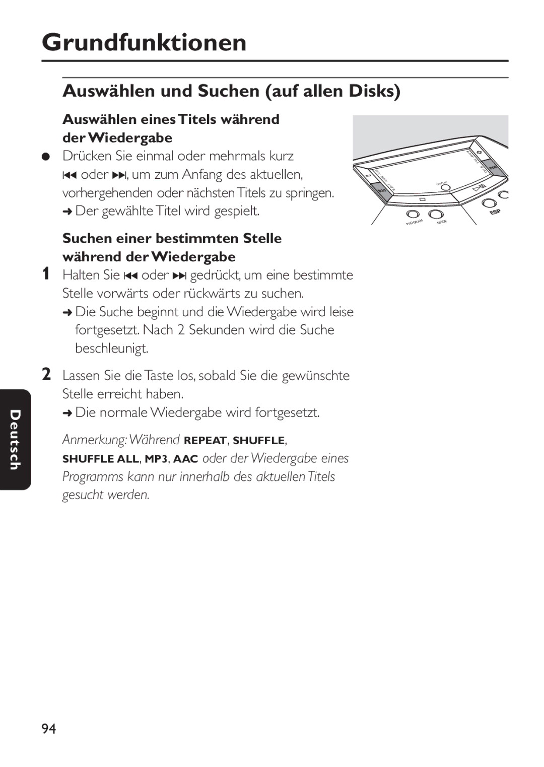 Philips EXP 501/00 manual Auswählen und Suchen auf allen Disks, Auswählen eines Titels während der Wiedergabe 