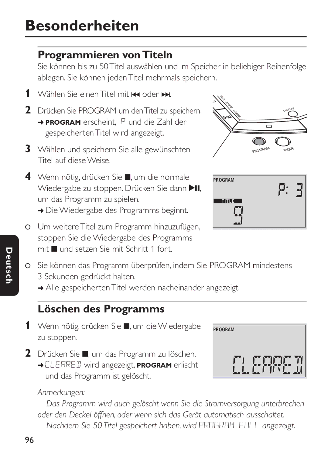 Philips EXP 501/00 manual Besonderheiten, Programmieren von Titeln, Löschen des Programms 