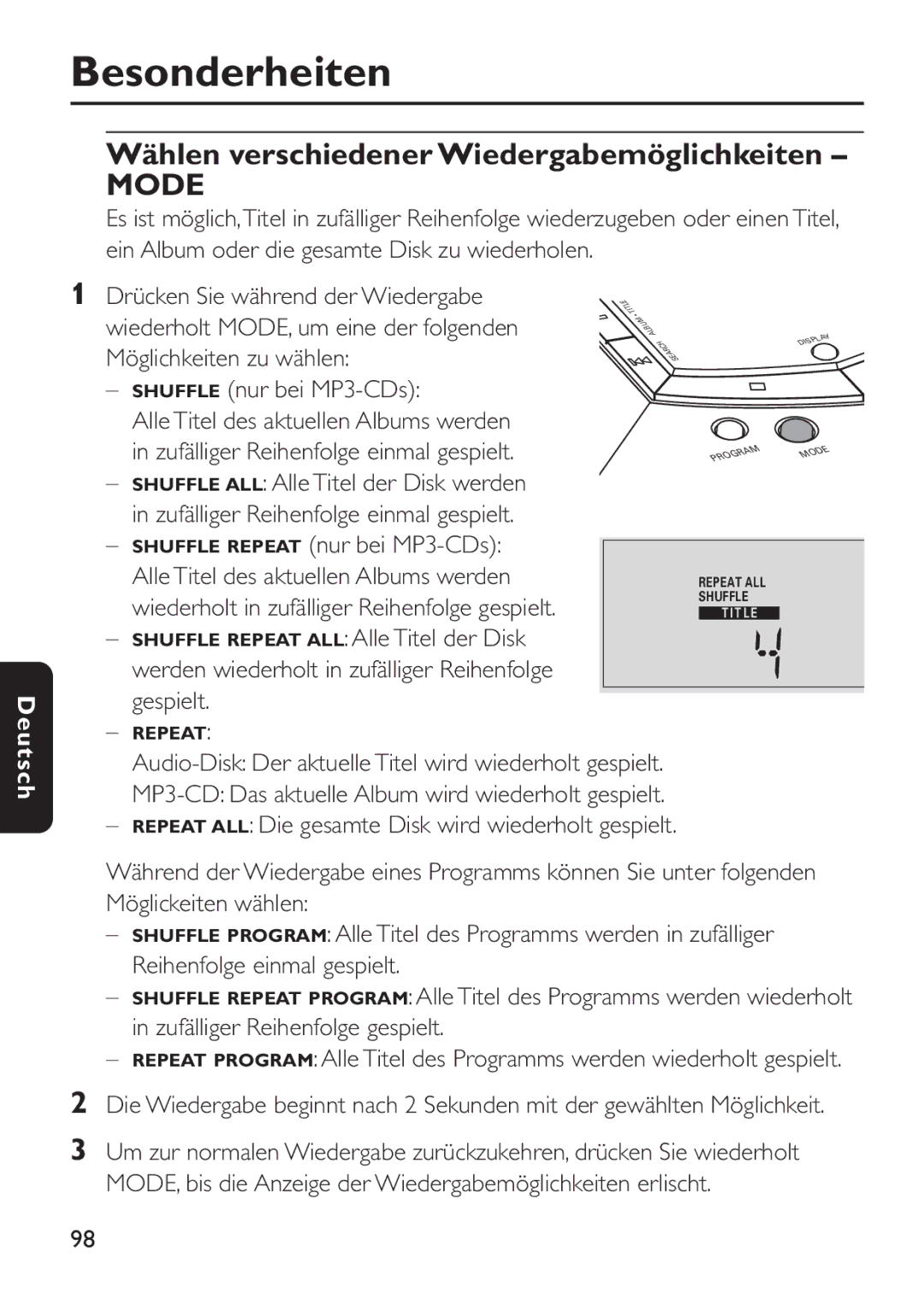 Philips EXP 501/00 manual Wählen verschiedener Wiedergabemöglichkeiten, Mode 