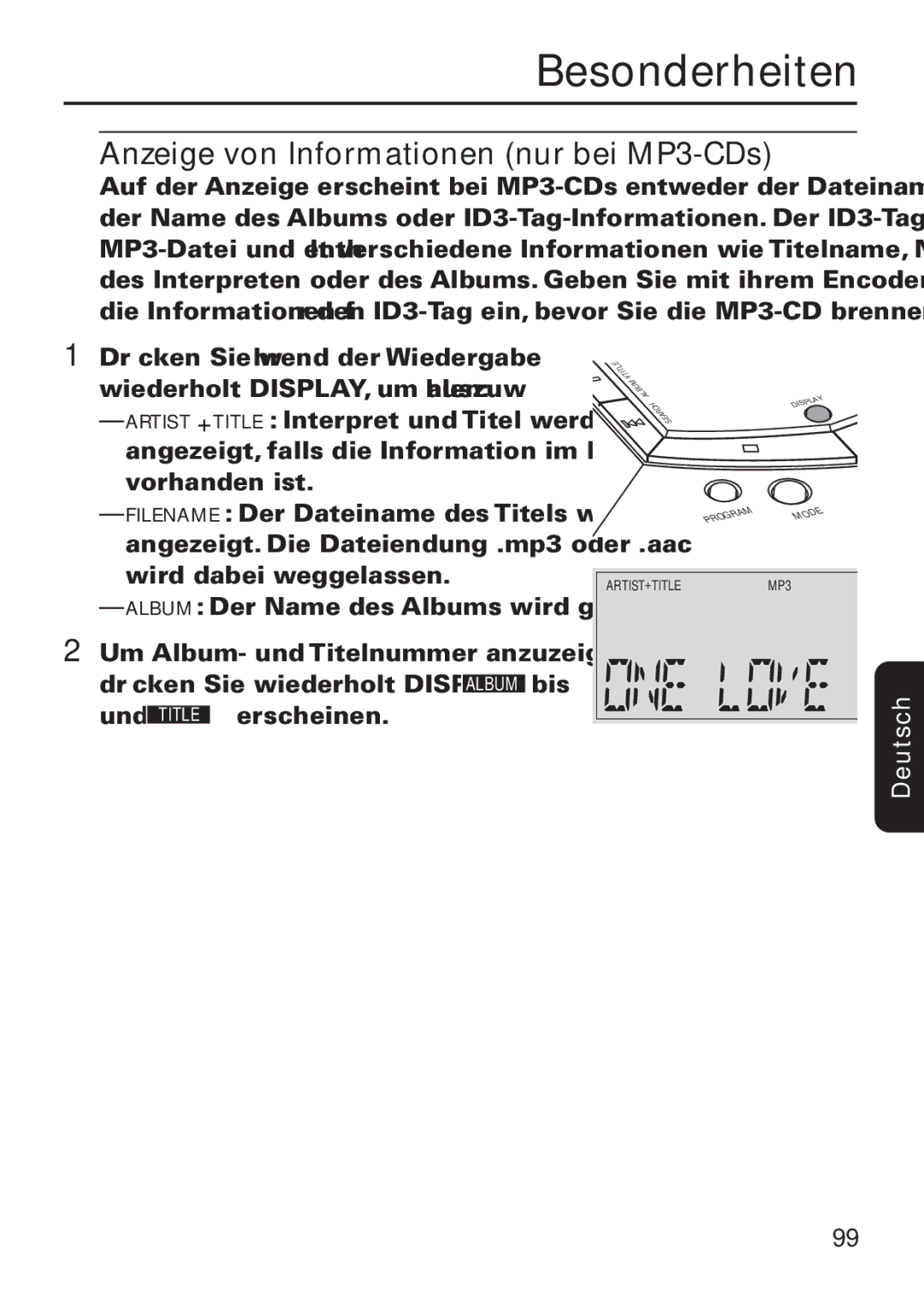 Philips EXP 501/00 manual Album Der Name des Albums wird gezeigt, Besonderheiten Anzeige von Informationen nur bei MP3-CDs 