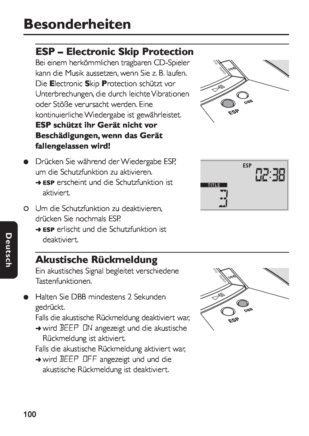 Philips EXP 501/00 manual Akustische Rückmeldung, Besonderheiten, ESP - Electronic Skip Protection, Deutsch 