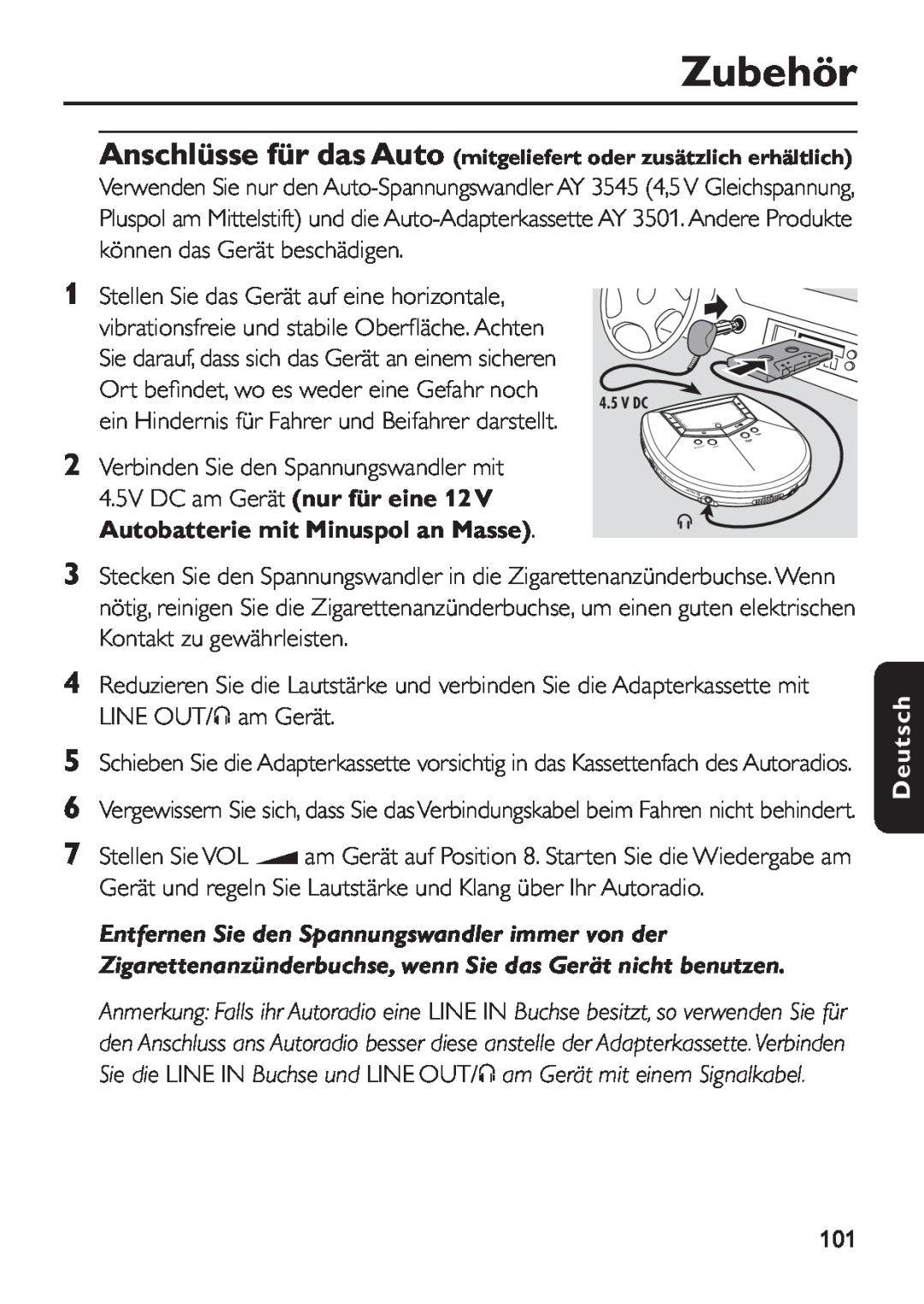 Philips EXP 501/00 manual Zubehör, Deutsch, Anschlüsse für das Auto mitgeliefert oder zusätzlich erhältlich 