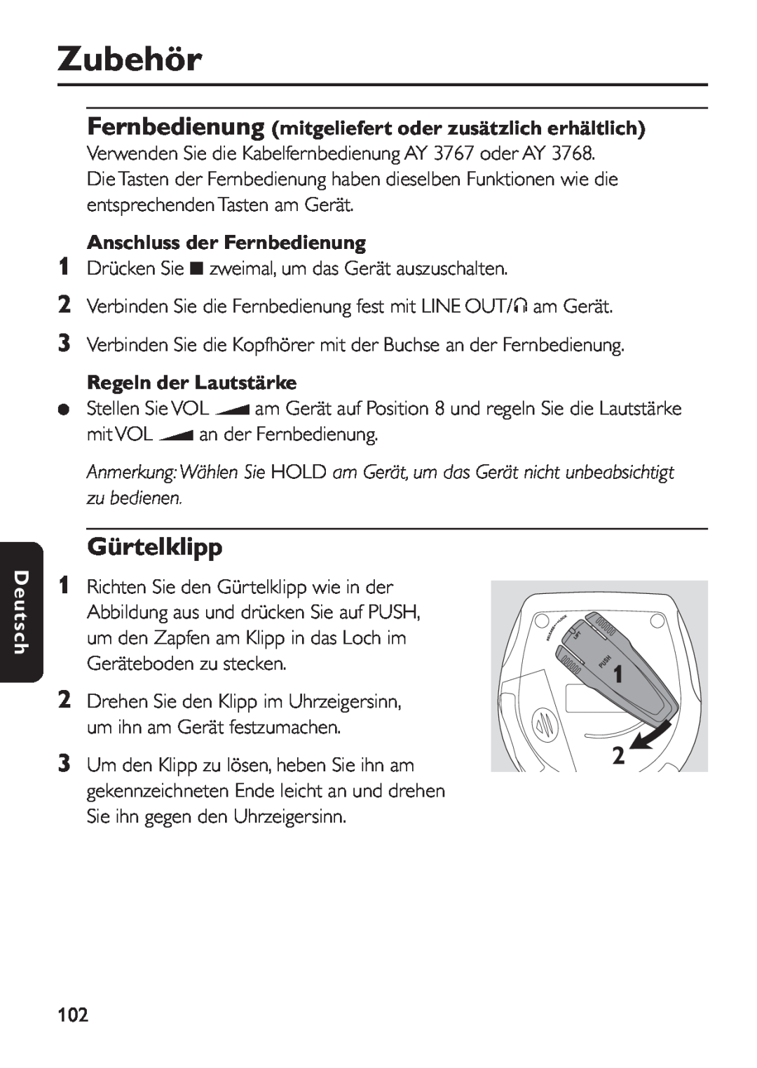 Philips EXP 501/00 manual Gürtelklipp, Fernbedienung mitgeliefert oder zusätzlich erhältlich, Anschluss der Fernbedienung 
