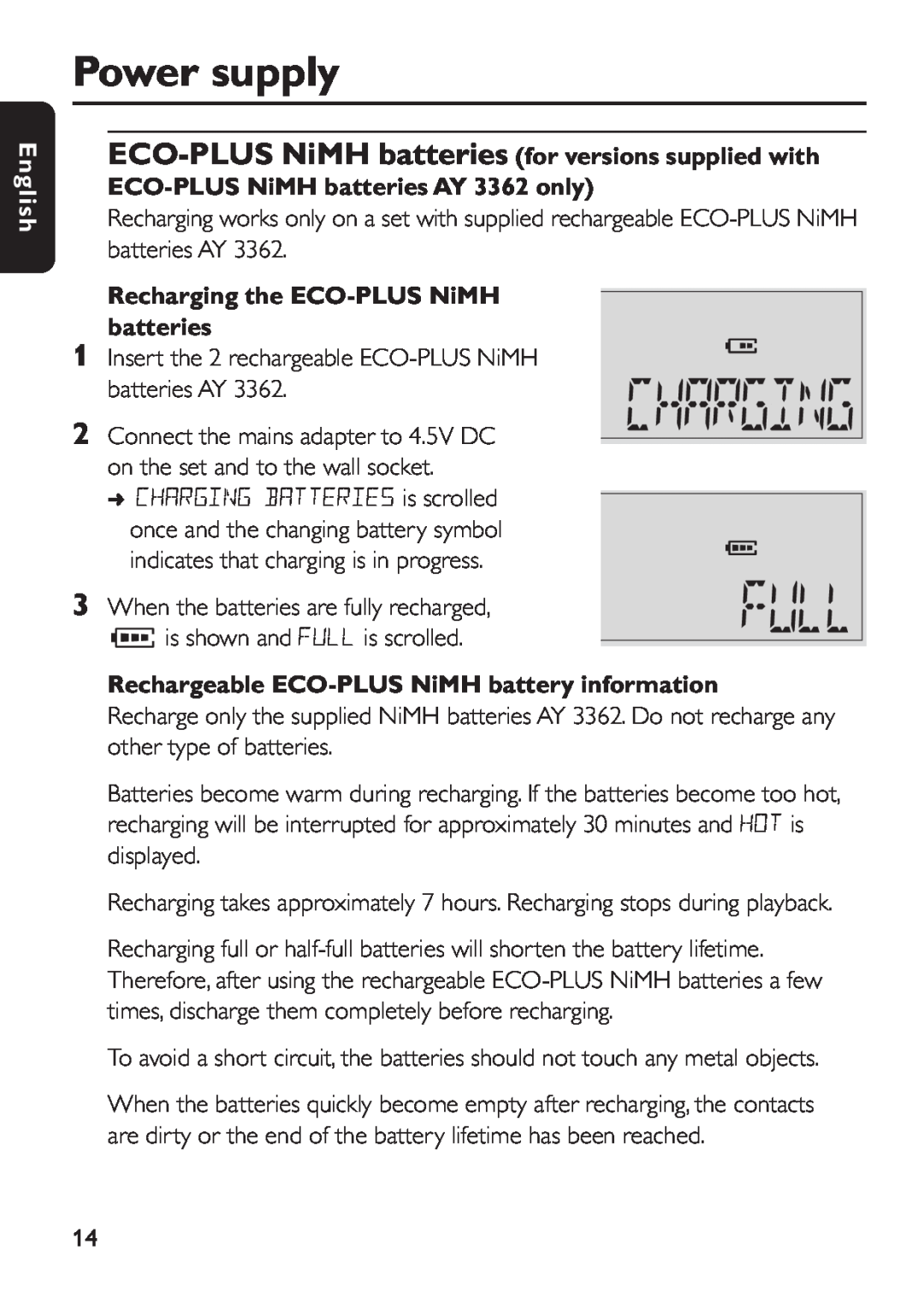 Philips EXP 501/00 Recharging the ECO-PLUS NiMH batteries, Rechargeable ECO-PLUS NiMH battery information, Power supply 