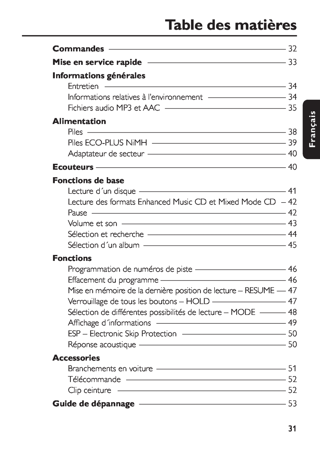 Philips EXP 501/00 Table des matières, Informations générales, Alimentation, Fonctions de base, Français, Accessories 