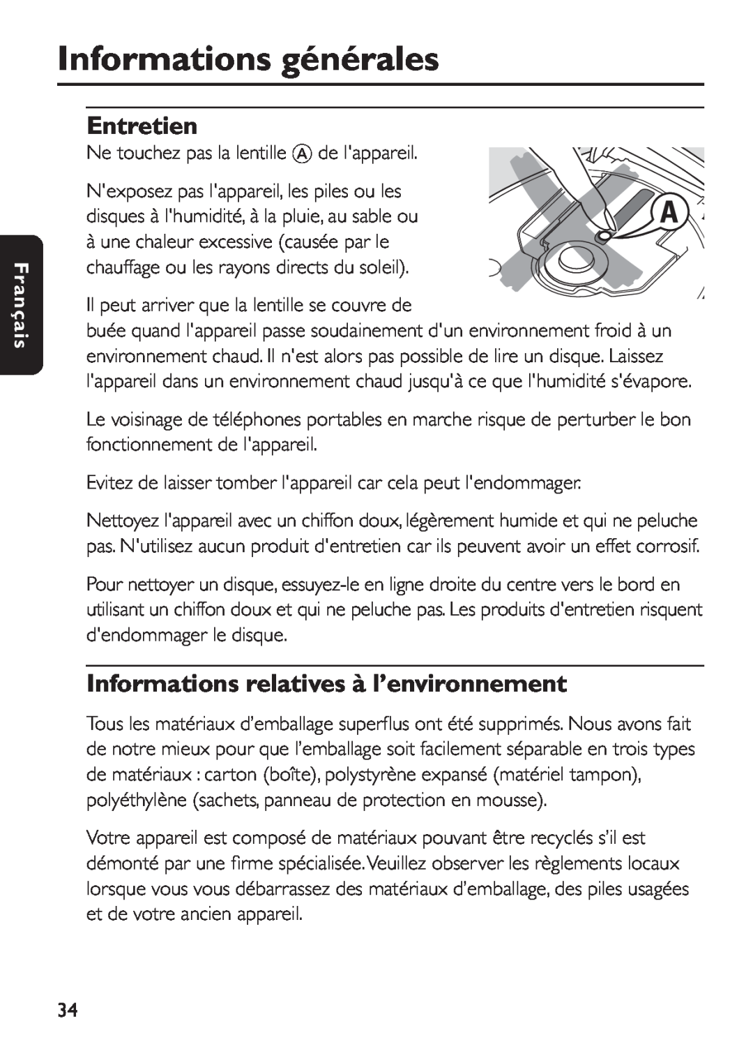 Philips EXP 501/00 manual Informations générales, Entretien, Informations relatives à l’environnement, Français 