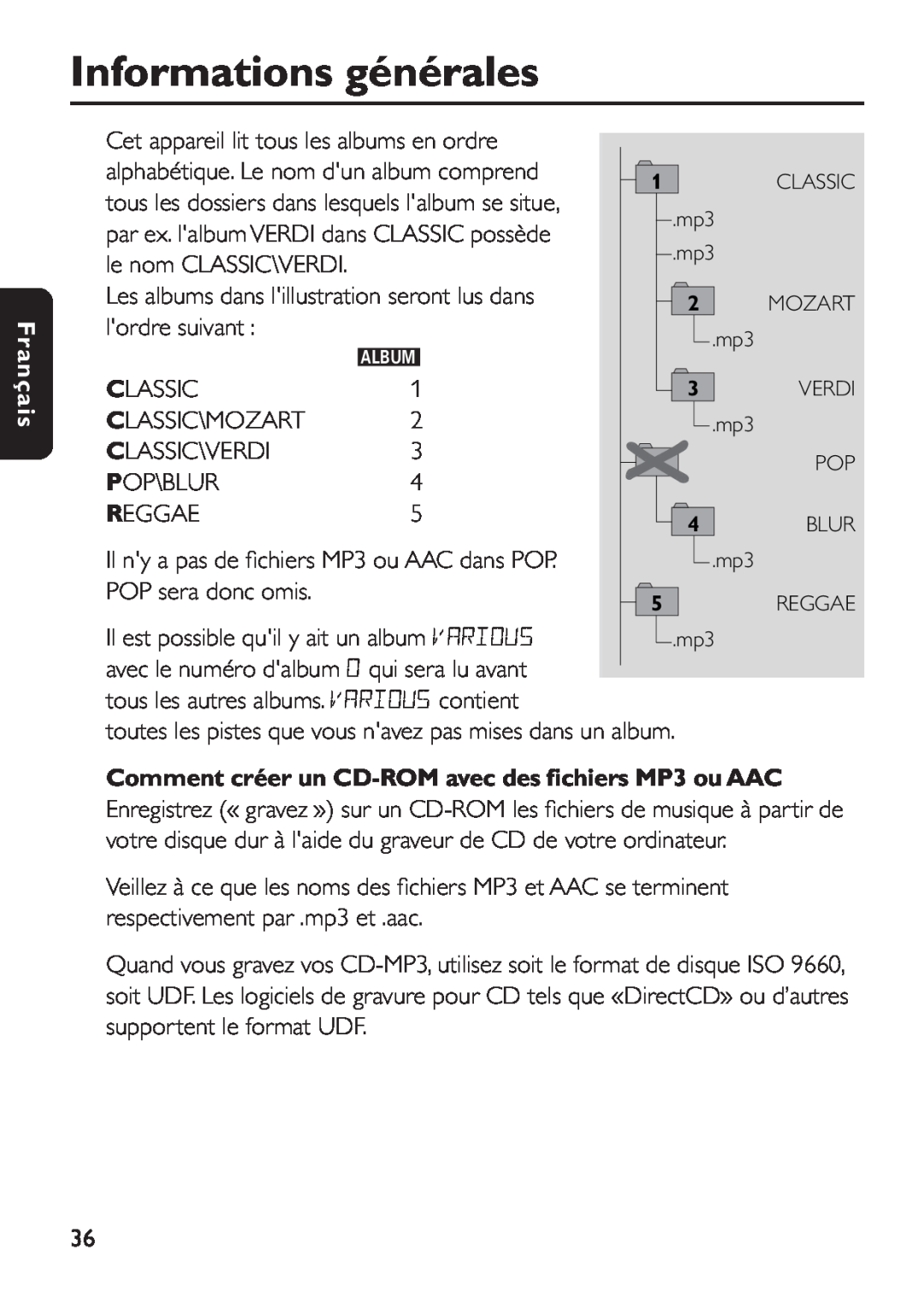 Philips EXP 501/00 manual Comment créer un CD-ROM avec des ﬁchiers MP3 ou AAC, Informations générales, Français 