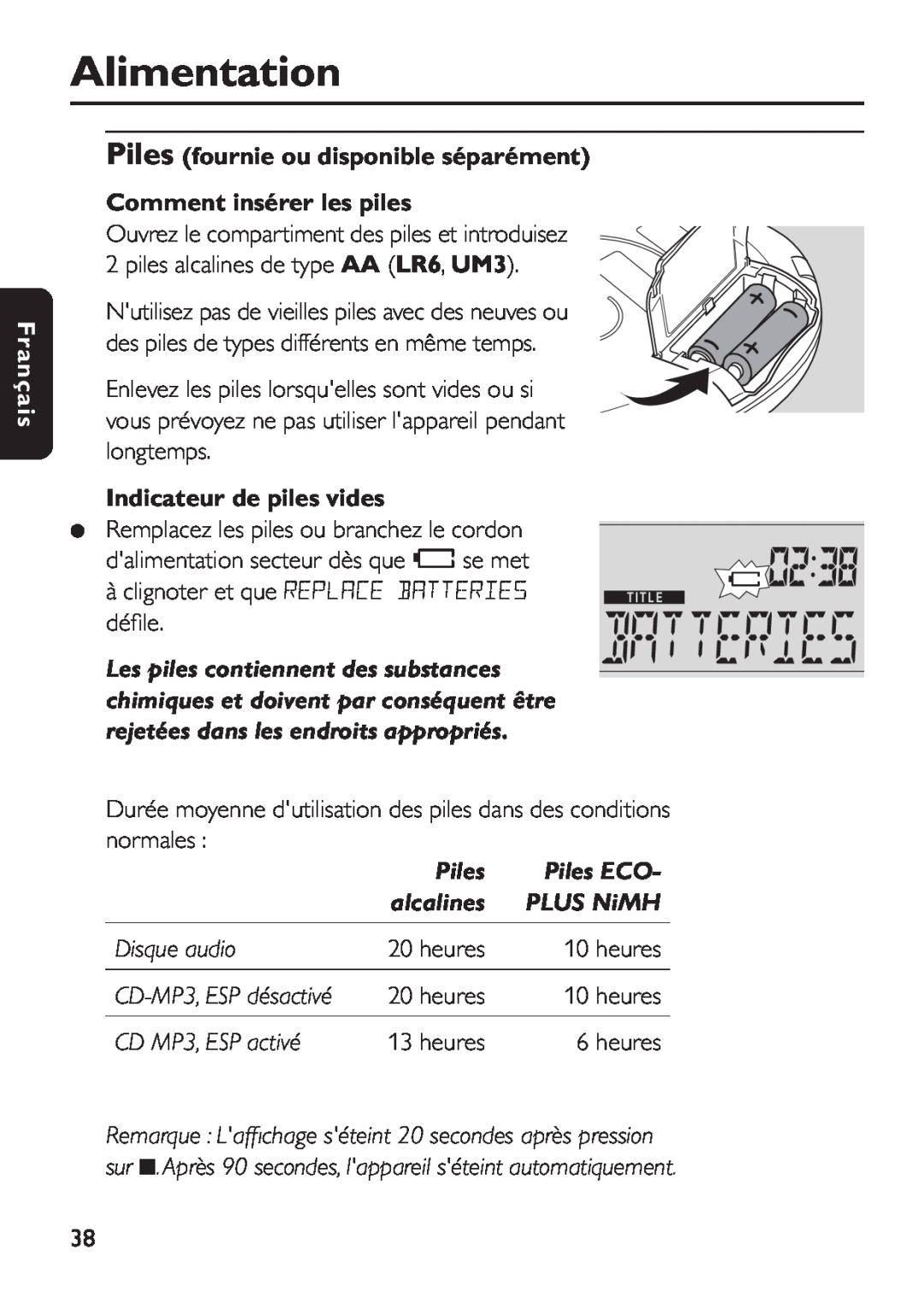 Philips EXP 501/00 Alimentation, Piles fournie ou disponible séparément Comment insérer les piles, Piles ECO, Disque audio 