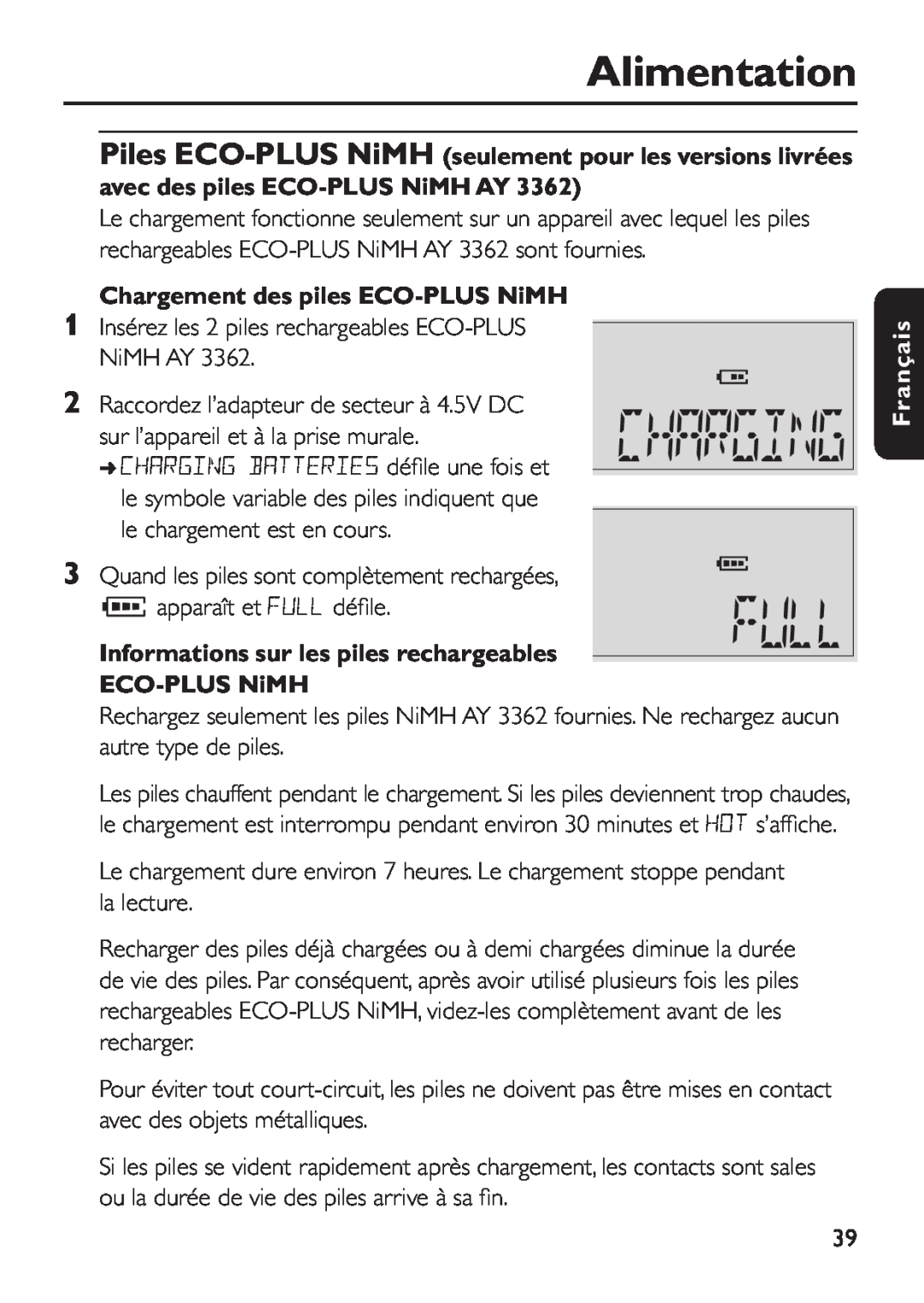 Philips EXP 501/00 Chargement des piles ECO-PLUS NiMH, Informations sur les piles rechargeables ECO-PLUS NiMH, Français 