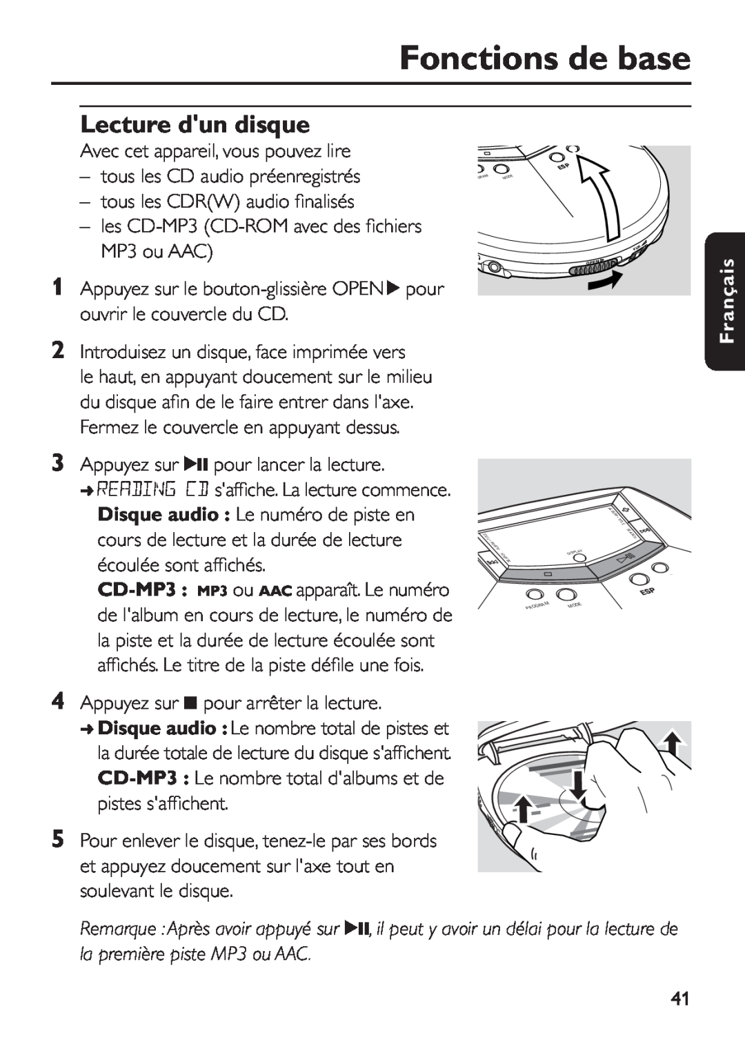 Philips EXP 501/00 manual Fonctions de base, Lecture dun disque, Français 