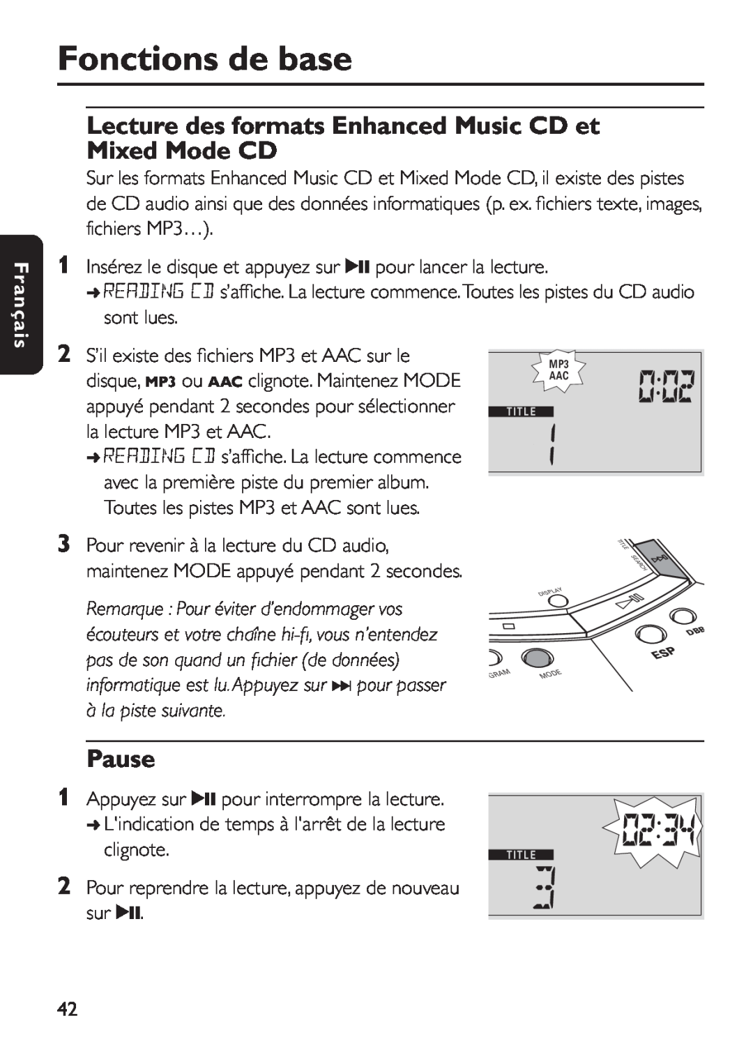 Philips EXP 501/00 manual Lecture des formats Enhanced Music CD et Mixed Mode CD, Fonctions de base, Pause, Français 