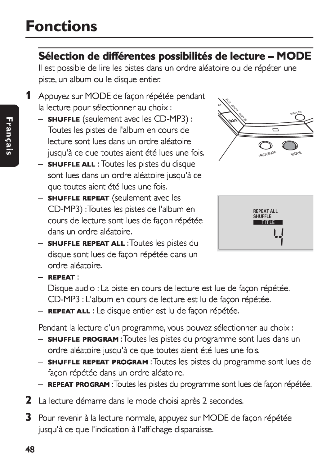 Philips EXP 501/00 manual Sélection de différentes possibilités de lecture - MODE, Fonctions, Français 