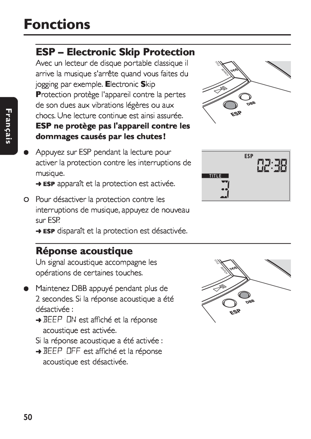Philips EXP 501/00 manual Réponse acoustique, Fonctions, ESP - Electronic Skip Protection, Français 