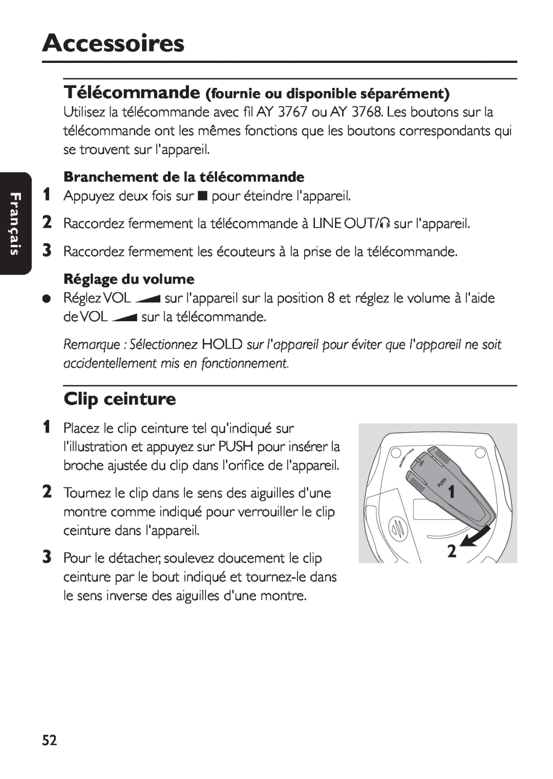Philips EXP 501/00 Clip ceinture, Télécommande fournie ou disponible séparément, Branchement de la télécommande, Français 