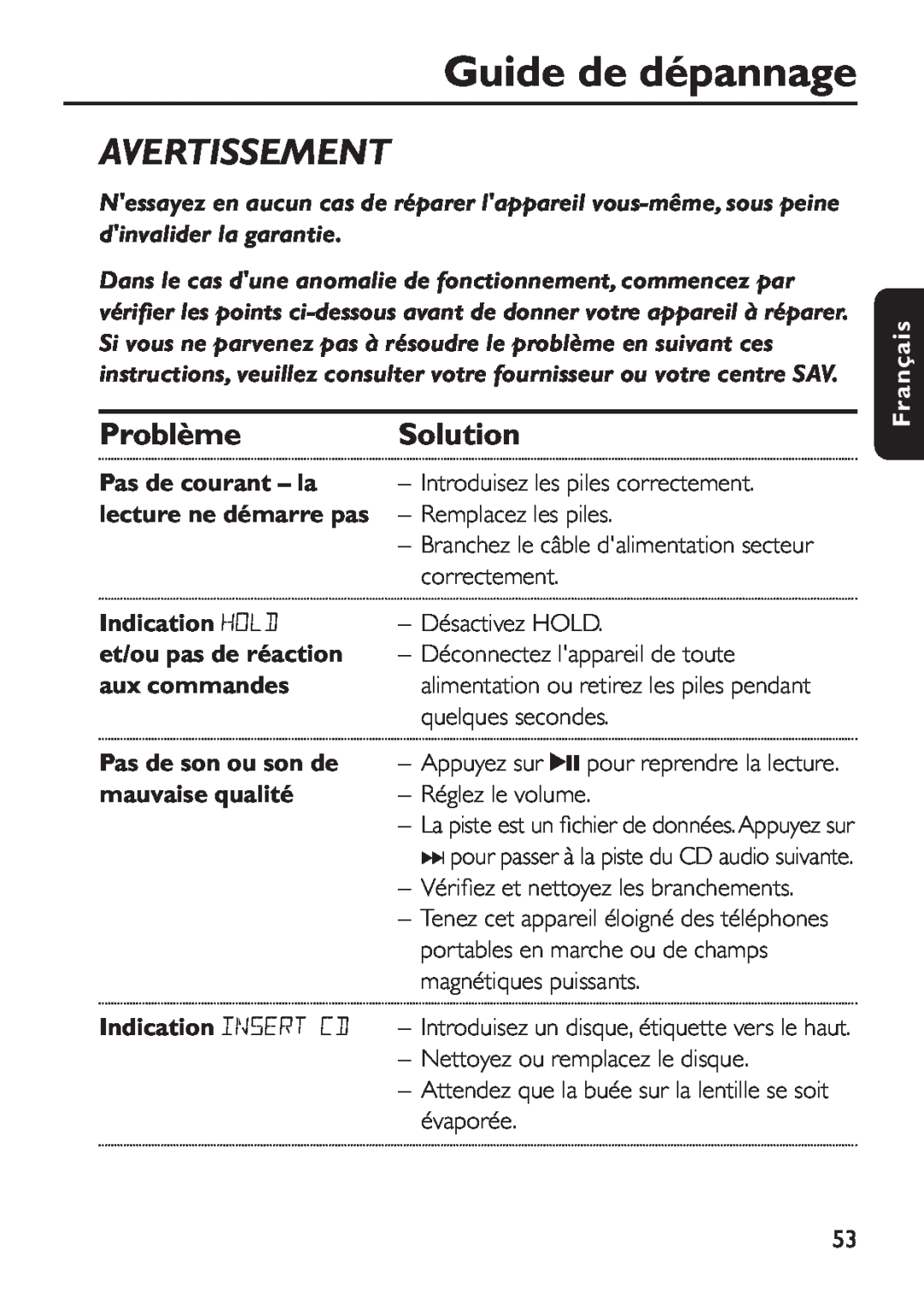 Philips EXP 501/00 manual Guide de dépannage, Avertissement, Problème, Pas de courant - la, Solution, Français 