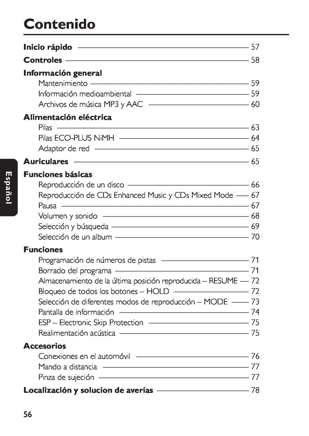 Philips EXP 501/00 manual Contenido, Español, Información general, Alimentación eléctrica, Funciones básicas, Accesorios 