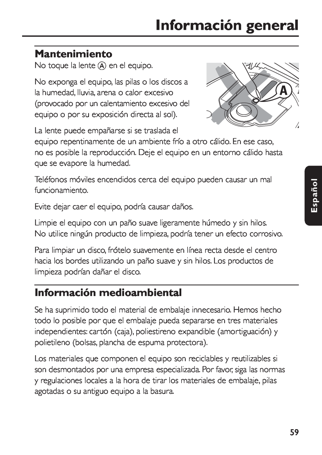 Philips EXP 501/00 manual Información general, Mantenimiento, Información medioambiental, Español 