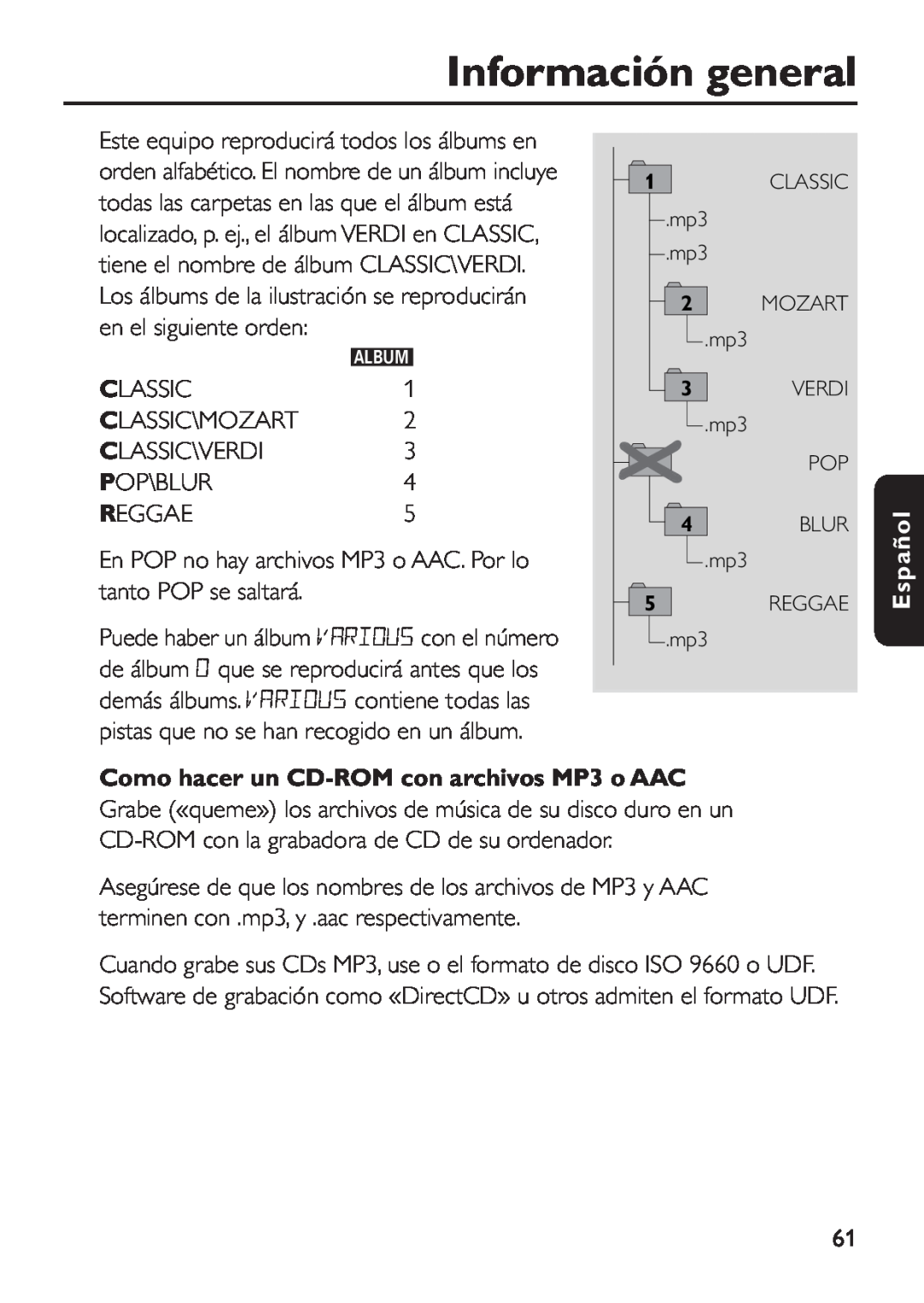 Philips EXP 501/00 manual Como hacer un CD-ROM con archivos MP3 o AAC, Información general, Español 