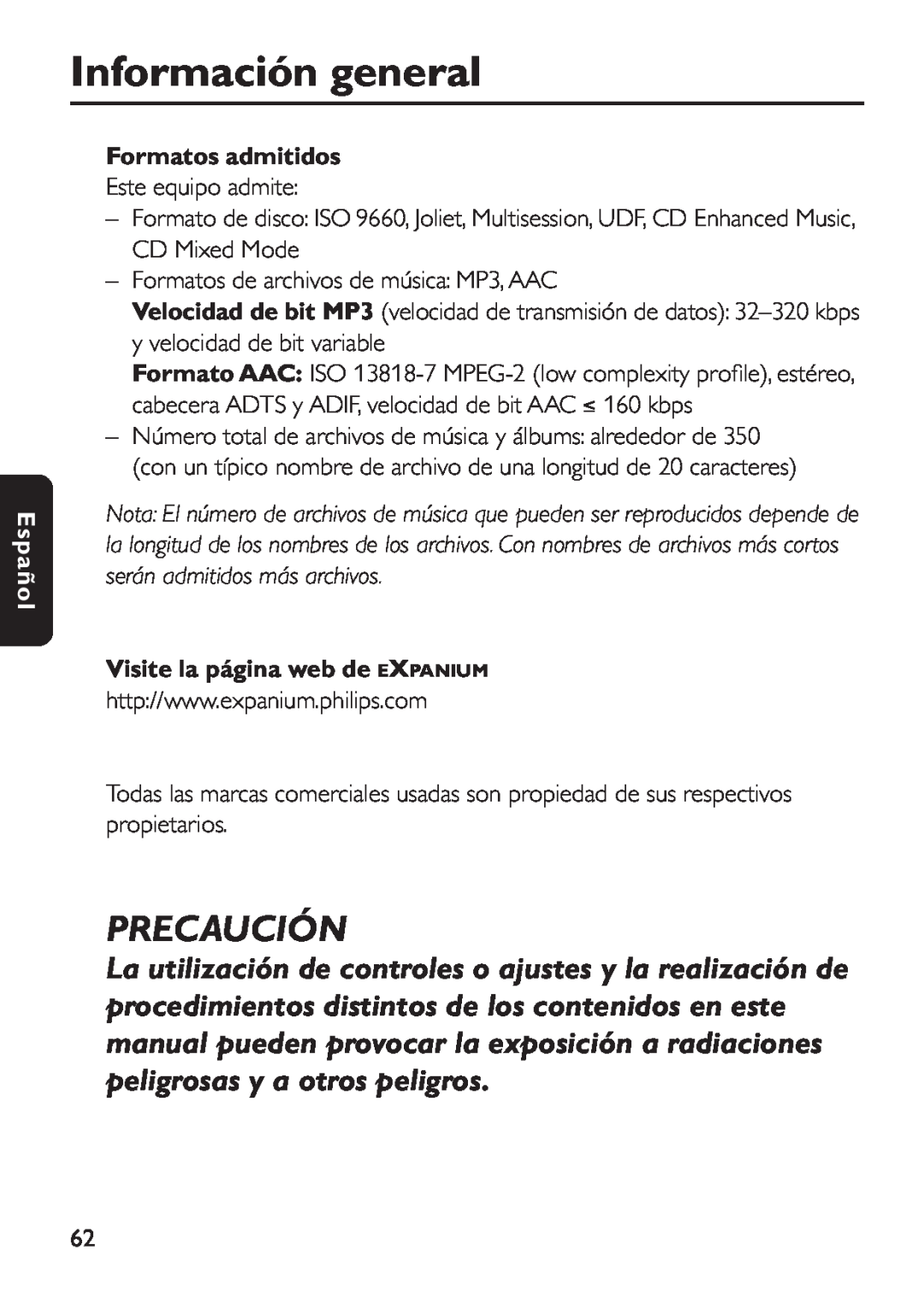 Philips EXP 501/00 manual Precaución, Formatos admitidos, Visite la página web de EXPANIUM, Información general, Español 