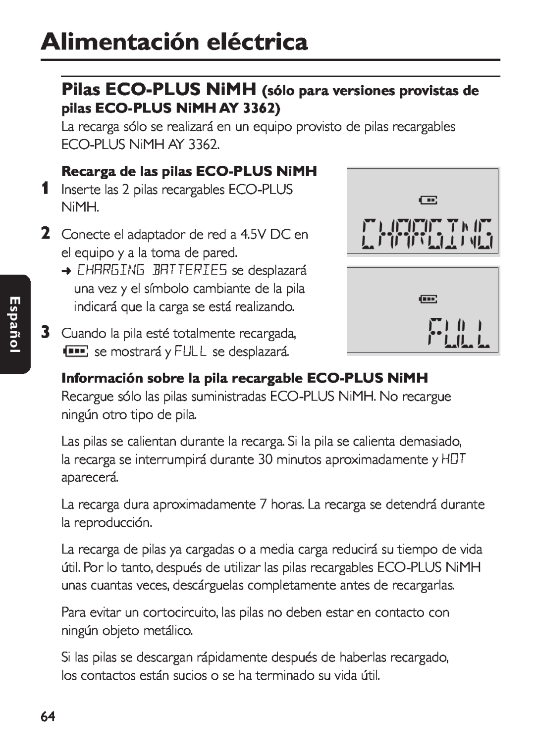 Philips EXP 501/00 manual Recarga de las pilas ECO-PLUS NiMH, Información sobre la pila recargable ECO-PLUS NiMH, Español 