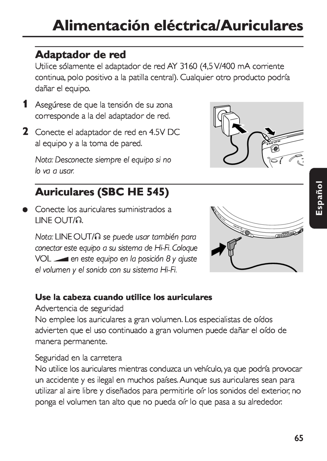 Philips EXP 501/00 manual Alimentación eléctrica/Auriculares, Adaptador de red, Auriculares SBC HE, Español 