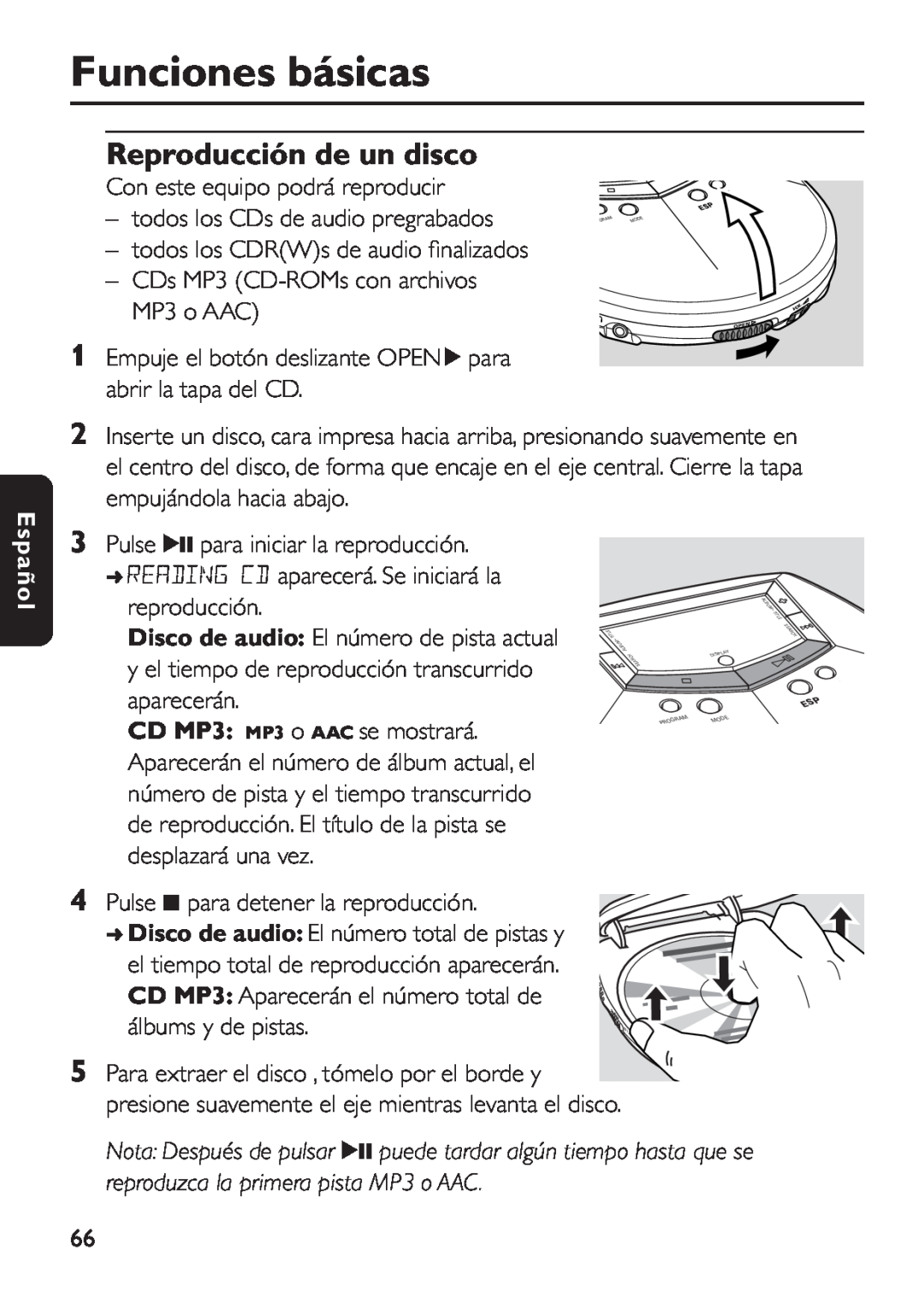 Philips EXP 501/00 manual Funciones básicas, Reproducción de un disco, Español 
