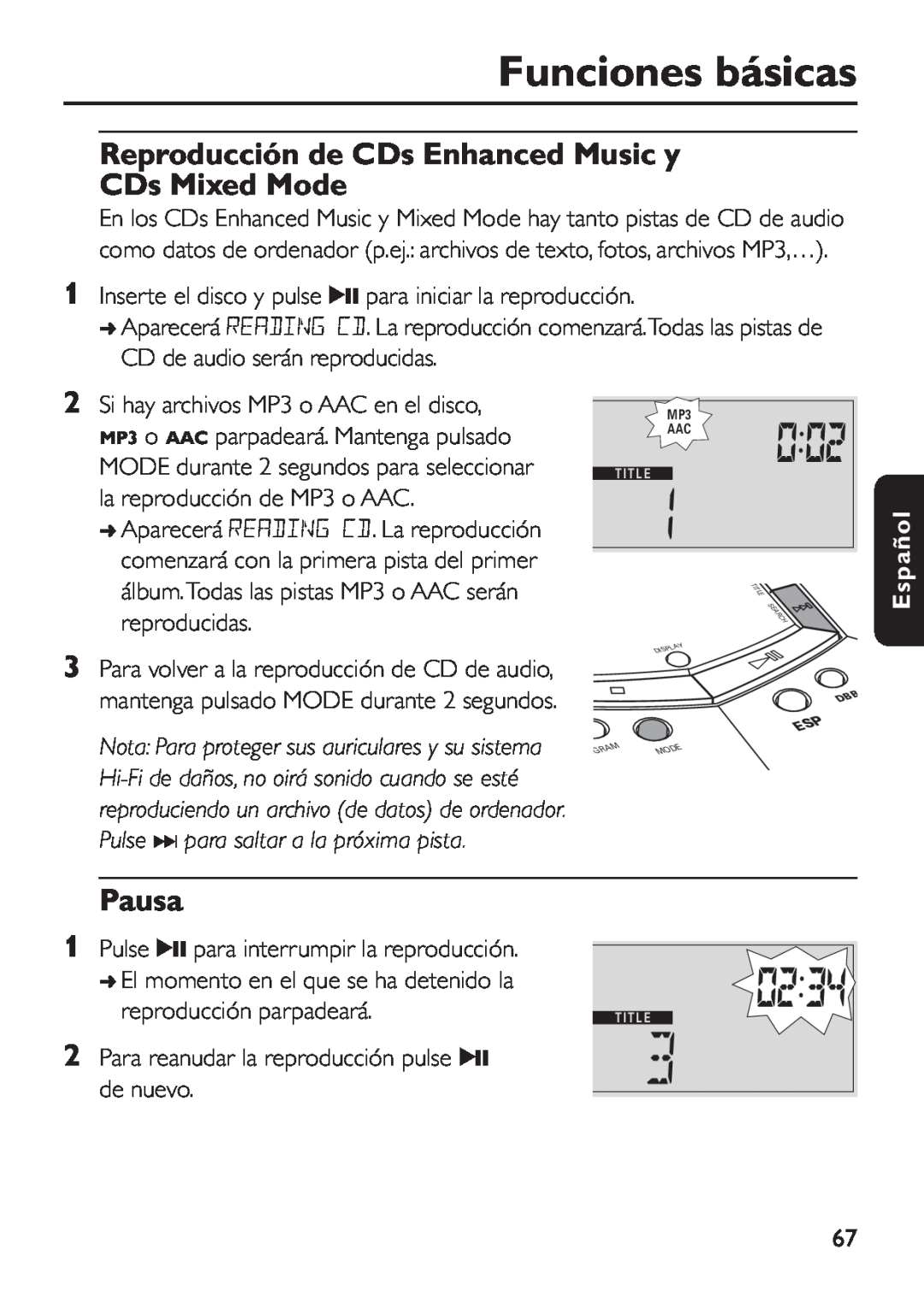Philips EXP 501/00 manual Reproducción de CDs Enhanced Music y CDs Mixed Mode, Pausa, Funciones básicas, Español 