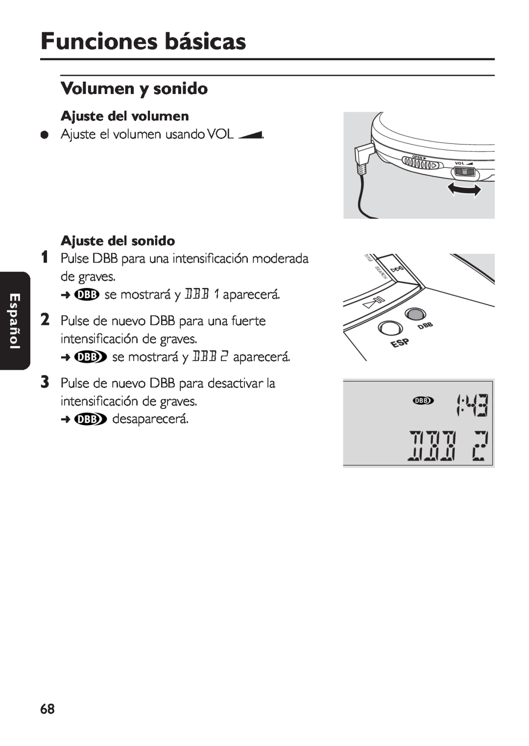 Philips EXP 501/00 manual Volumen y sonido, Ajuste del volumen, Ajuste del sonido, Funciones básicas, Español 