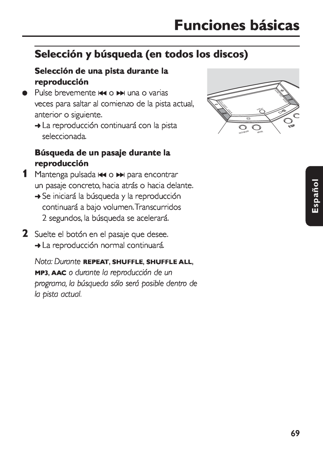 Philips EXP 501/00 manual Selección y búsqueda en todos los discos, Selección de una pista durante la reproducción, Español 