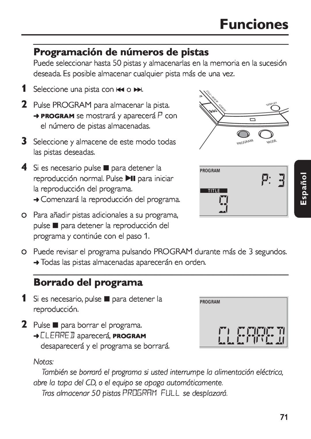 Philips EXP 501/00 manual Funciones, Programación de números de pistas, Borrado del programa, Notas, Español 