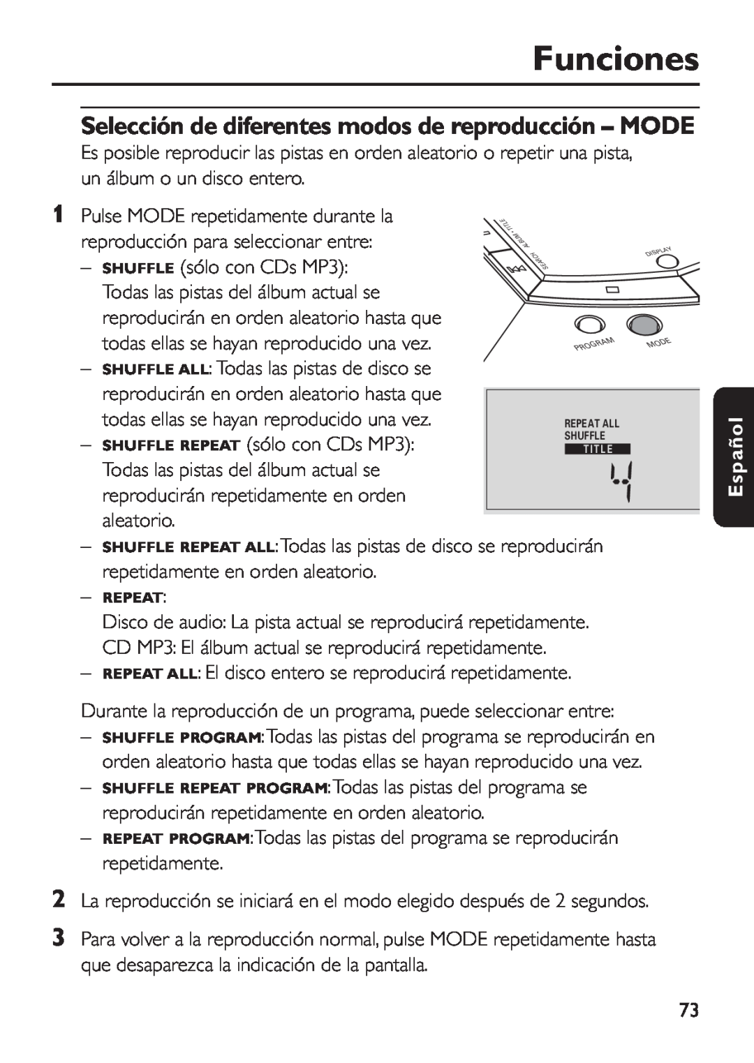 Philips EXP 501/00 manual Selección de diferentes modos de reproducción - MODE, Funciones, Español 