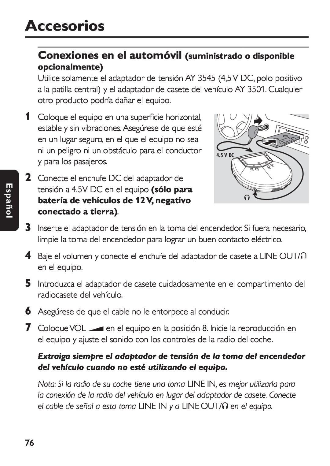 Philips EXP 501/00 manual Accesorios, Conexiones en el automóvil suministrado o disponible opcionalmente, Español 
