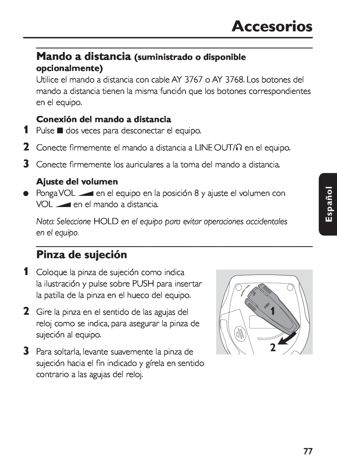 Philips EXP 501/00 manual Pinza de sujeción, Mando a distancia suministrado o disponible opcionalmente, Accesorios, Español 
