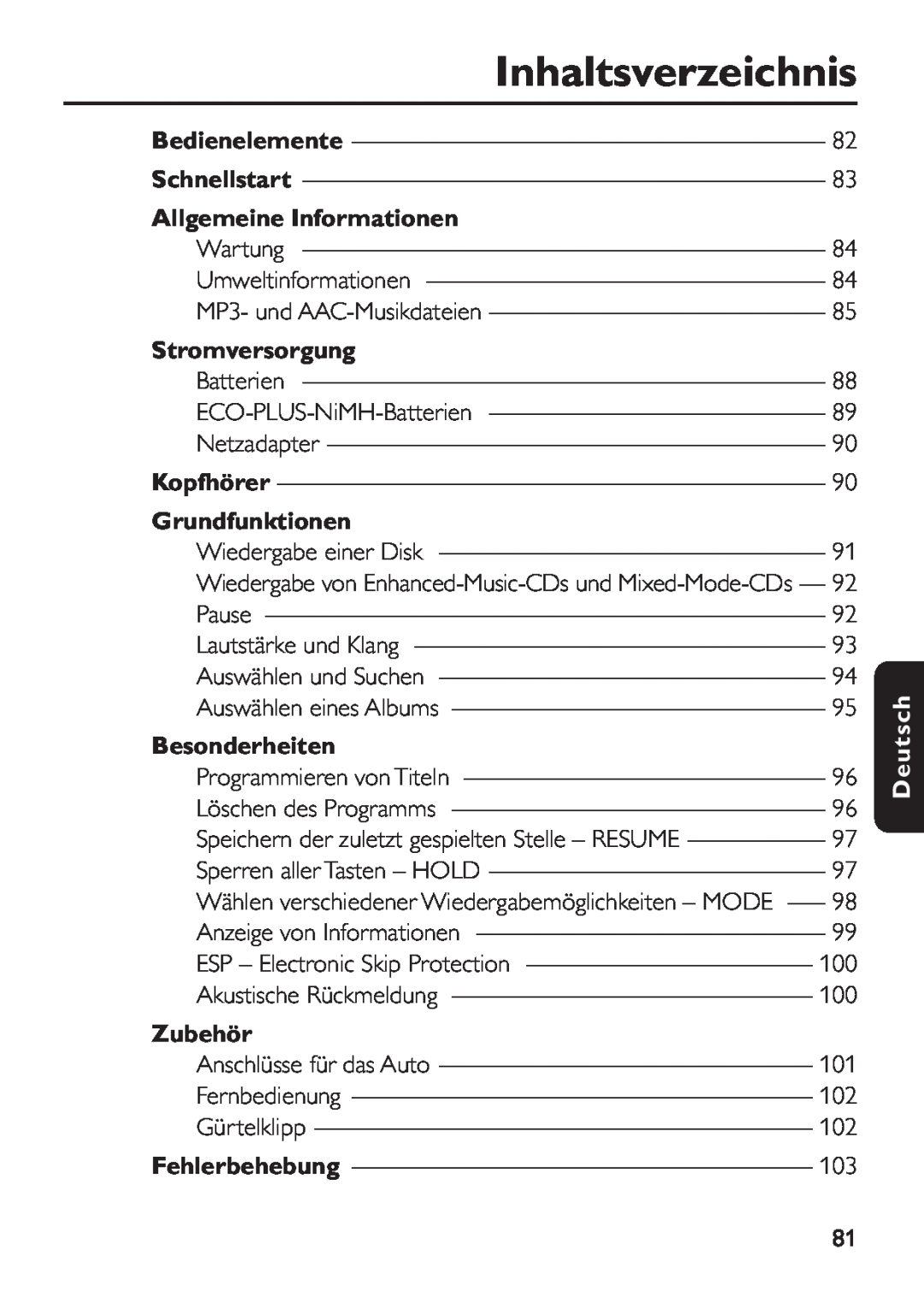 Philips EXP 501/00 Inhaltsverzeichnis, Allgemeine Informationen, Stromversorgung, Grundfunktionen, Besonderheiten, Zubehör 