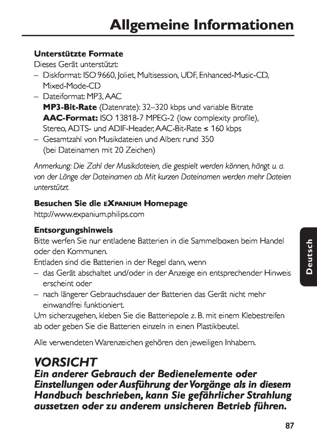 Philips EXP 501/00 manual Vorsicht, Unterstützte Formate, Besuchen Sie die EXPANIUM Homepage, Entsorgungshinweis, Deutsch 