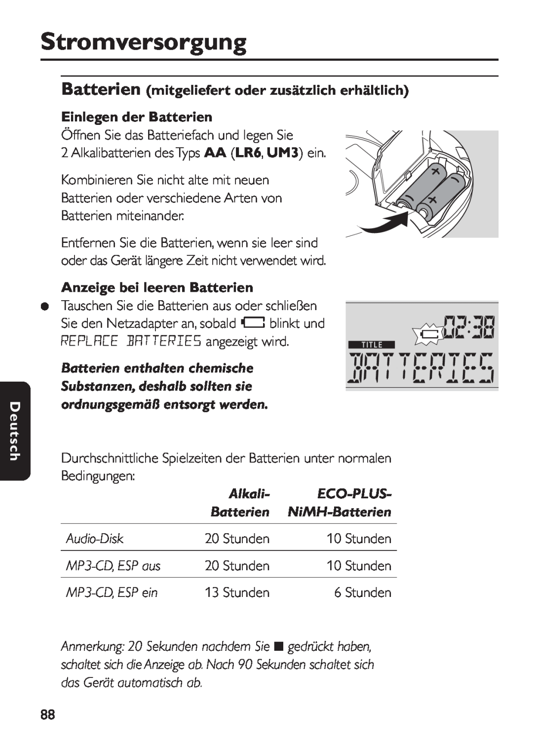Philips EXP 501/00 Stromversorgung, Batterien mitgeliefert oder zusätzlich erhältlich, Einlegen der Batterien, Alkali 