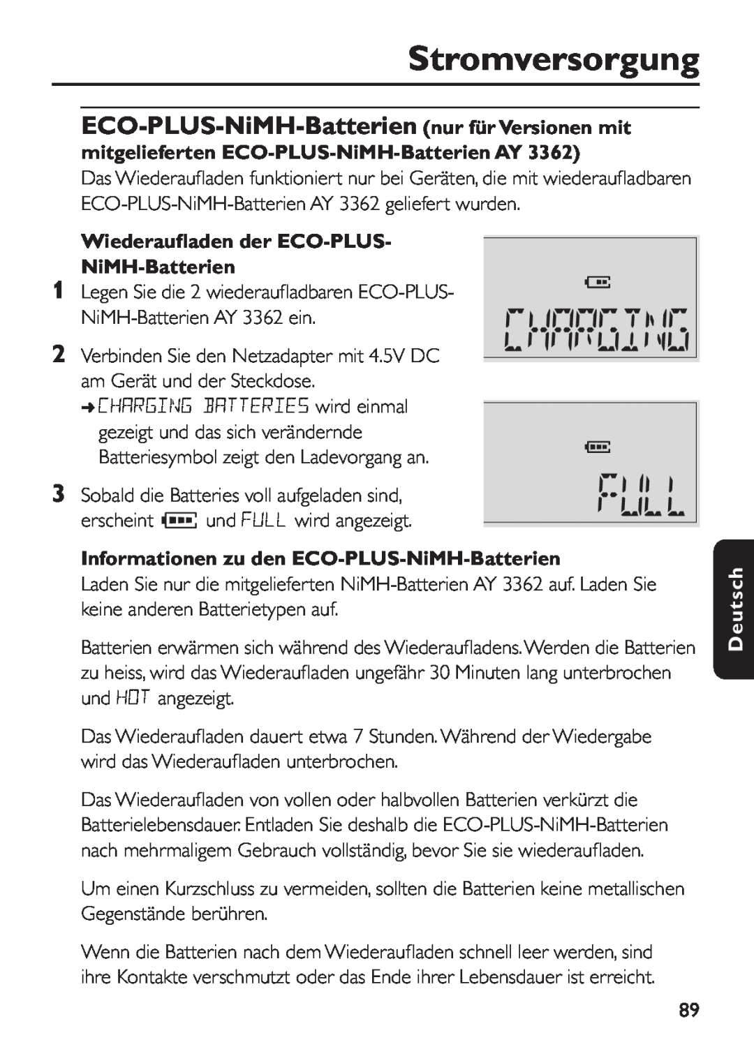 Philips EXP 501/00 manual ECO-PLUS-NiMH-Batterien nur für Versionen mit, mitgelieferten ECO-PLUS-NiMH-Batterien AY, Deutsch 