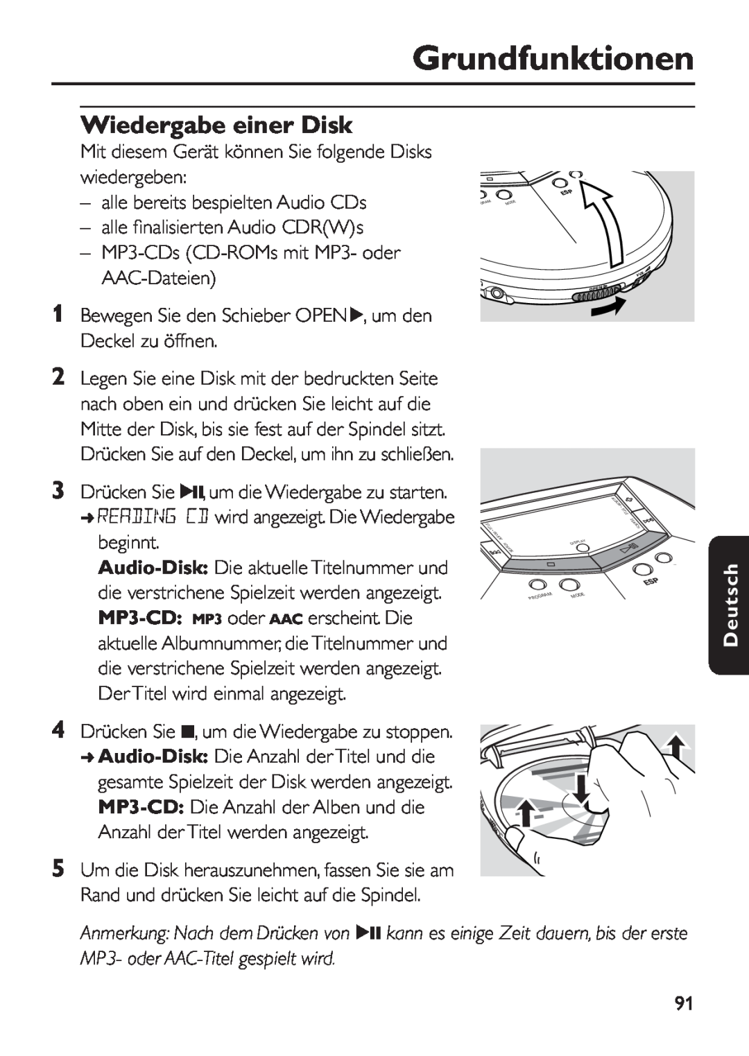 Philips EXP 501/00 manual Grundfunktionen, Wiedergabe einer Disk, Deutsch 