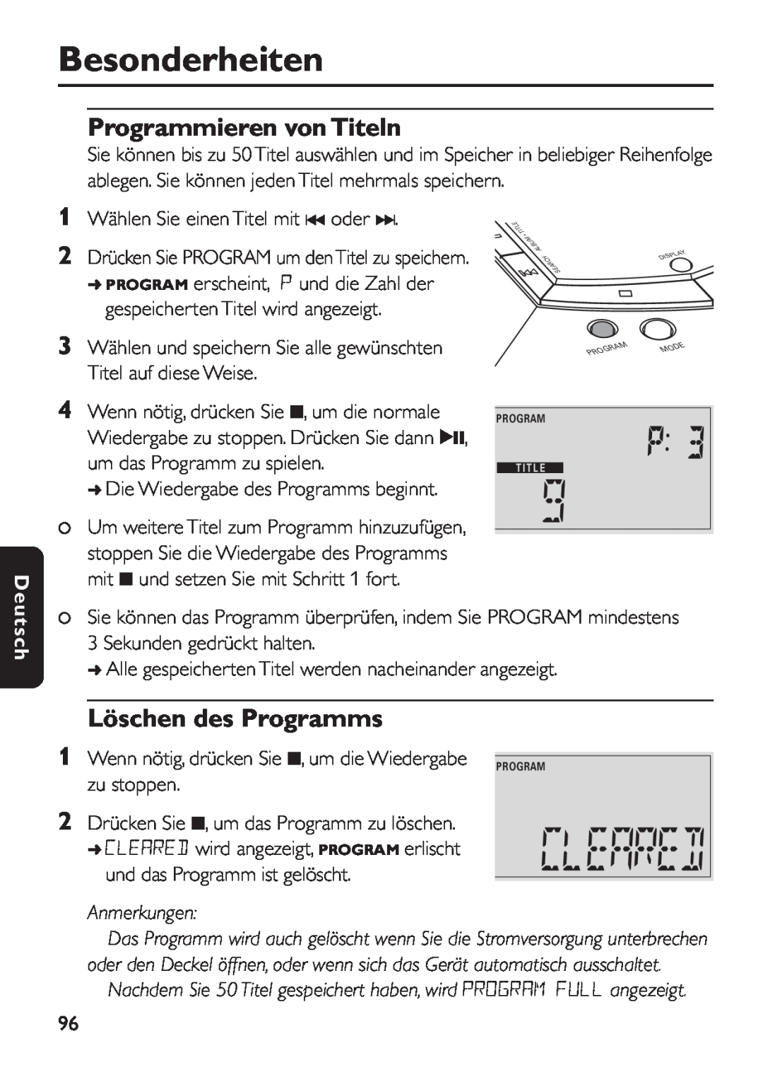 Philips EXP 501/00 manual Besonderheiten, Programmieren von Titeln, Löschen des Programms, Anmerkungen, Deutsch 
