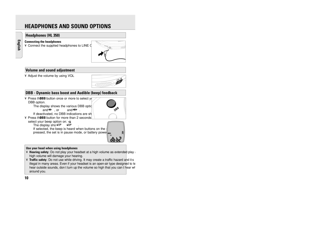 Philips EXP201, EXP203 manual Headphones and Sound Options, Headphones HL, Volume and sound adjustment 