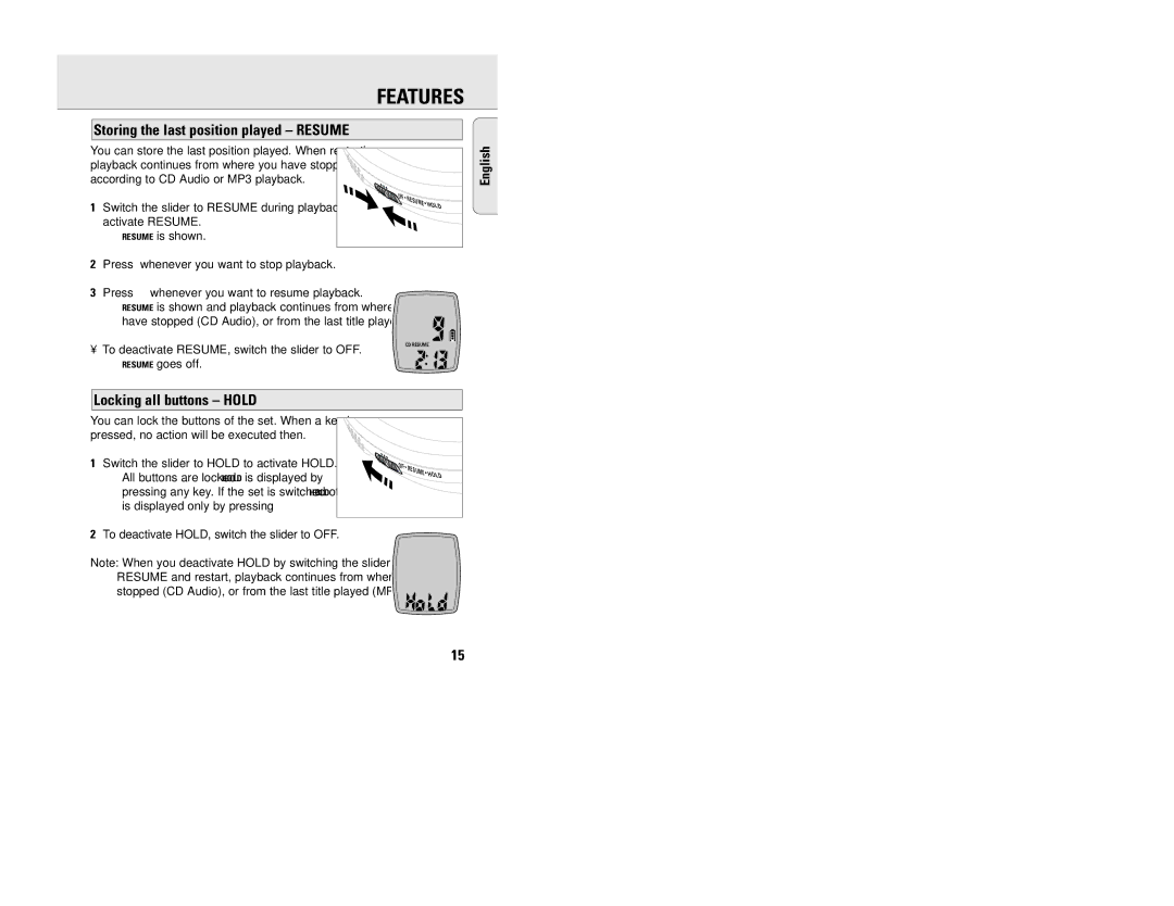 Philips EXP203, EXP201 manual Storing the last position played Resume, Locking all buttons Hold 