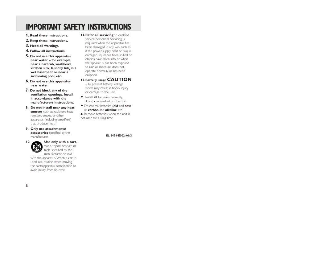 Philips EXP201, EXP203 manual Important Safety Instructions, Remove batteries when the unit is not used for a long time 