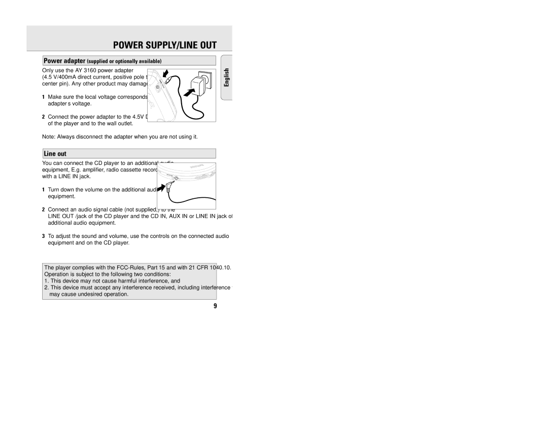 Philips EXP203, EXP201 manual Line out, Power adapter supplied or optionally available, Only use the AY 3160 power adapter 