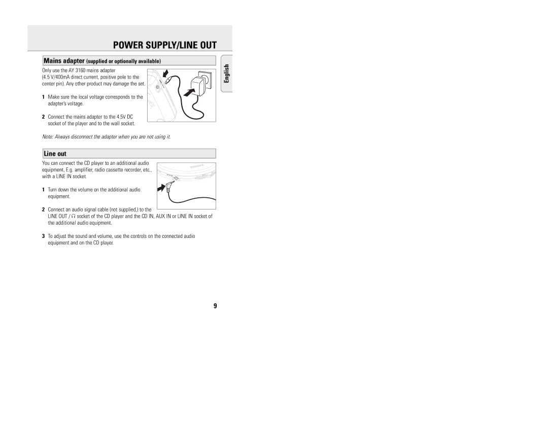 Philips EXP201/00 manual Line out, Only use the AY 3160 mains adapter, Connect an audio signal cable not supplied, to 