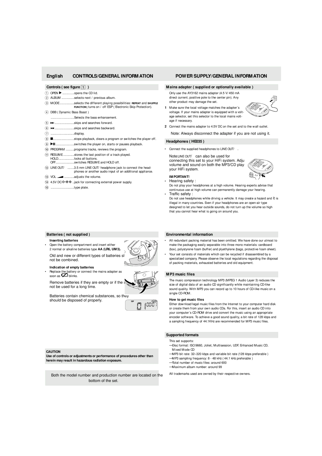 Philips EXP220/01 quick start CONTROLS/GENERAL Information 