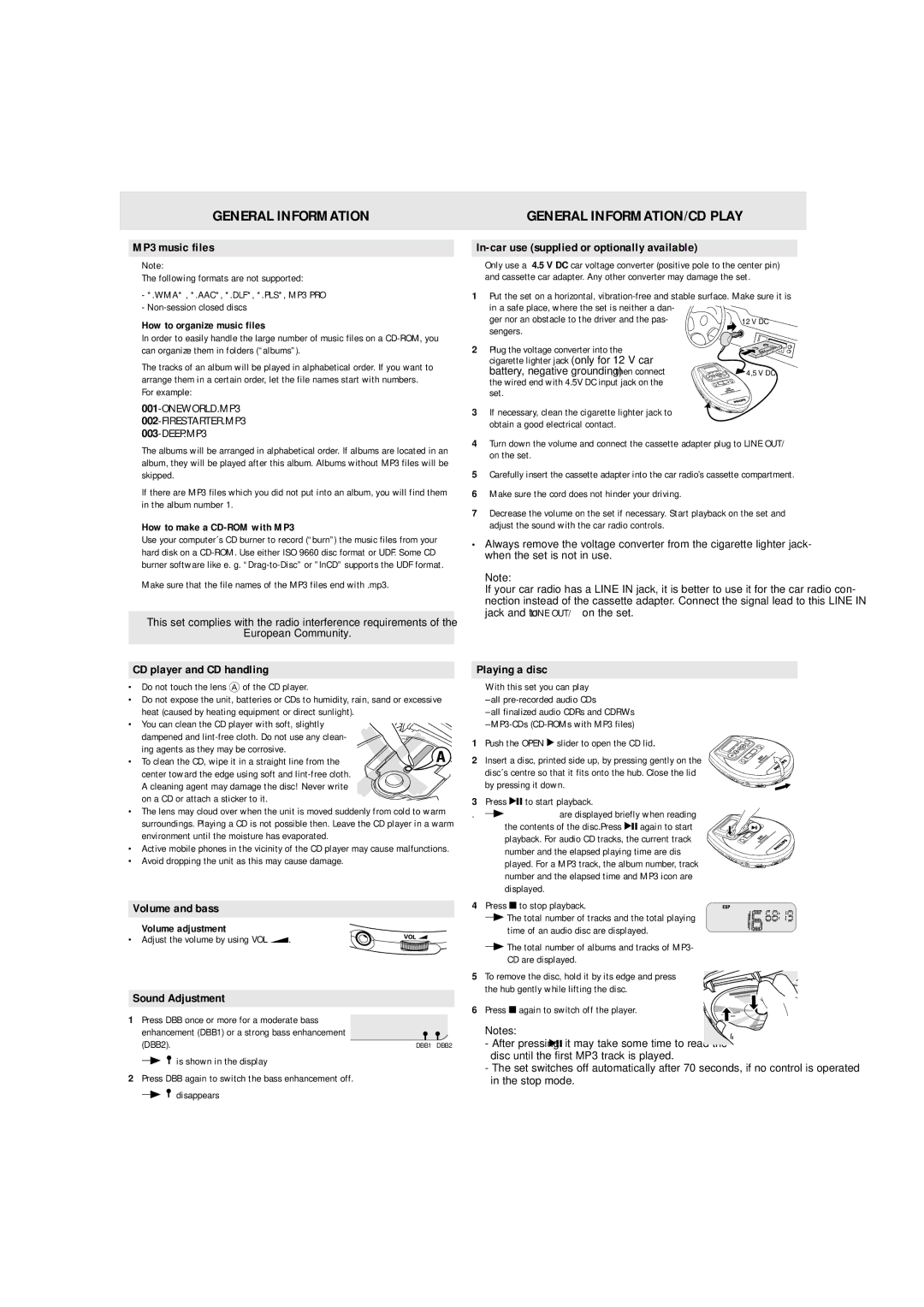 Philips EXP220/01 quick start General Information, General INFORMATION/CD Play 