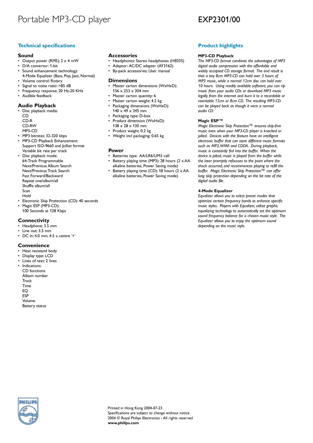 Philips EXP2301 manual Sound Accessories, Dimensions, Audio Playback, Power, Connectivity, Convenience 