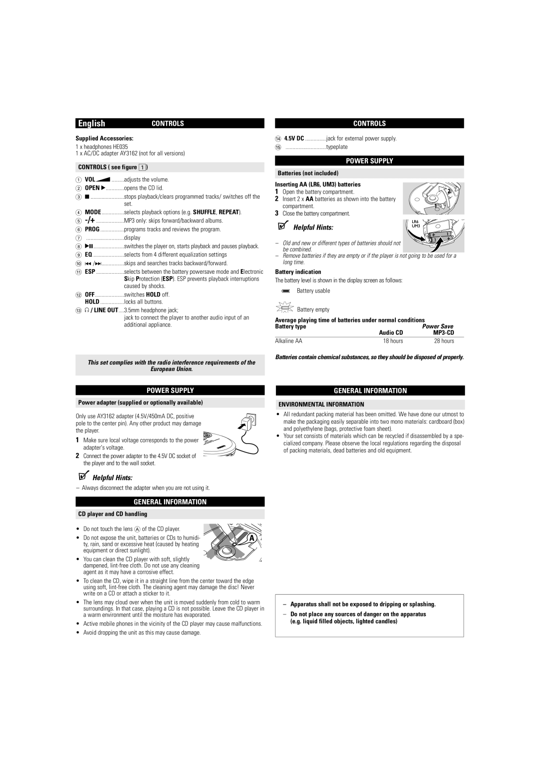 Philips EXP2301/00, EXP2300 user manual Controls, Power Supply, General Information 