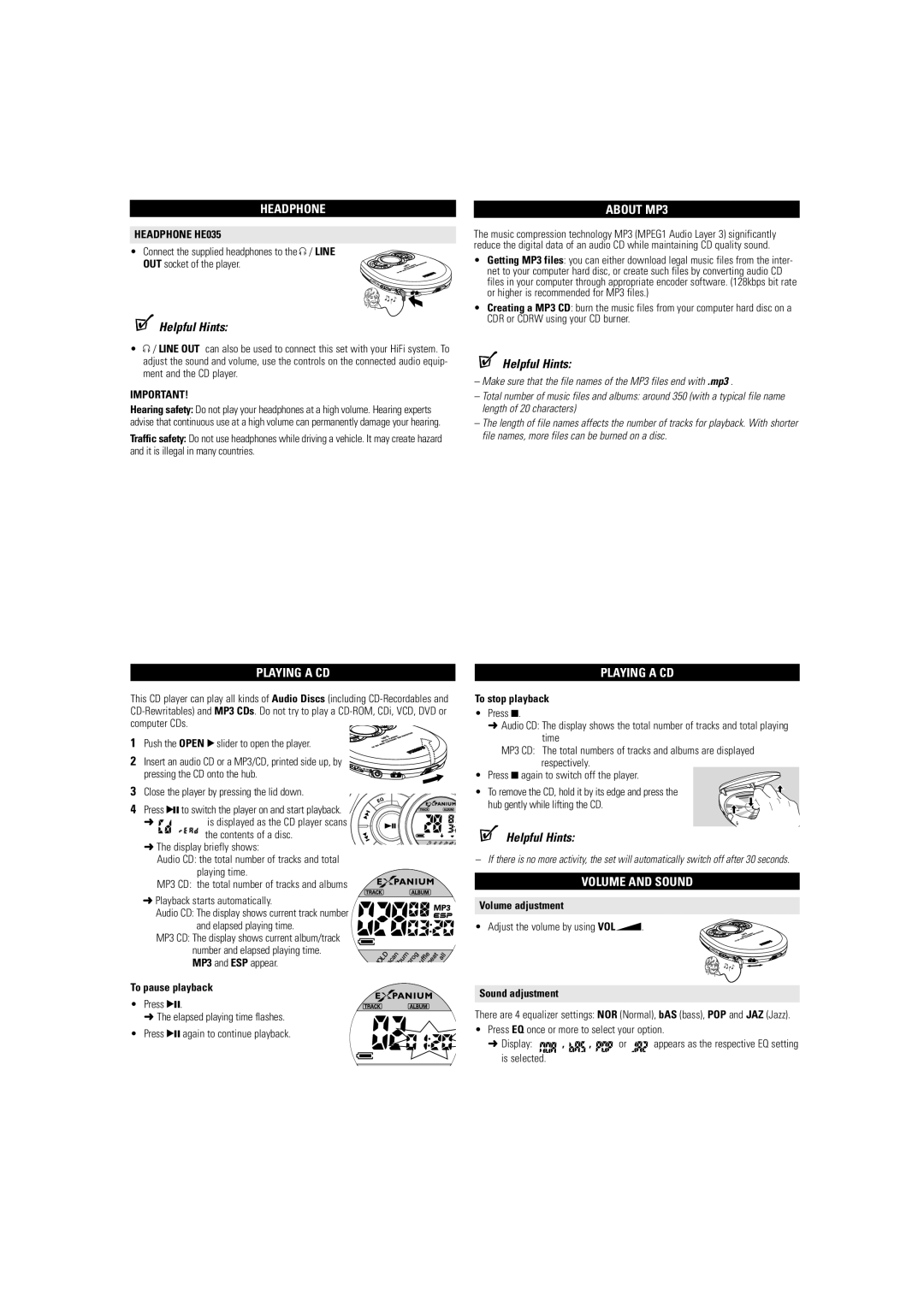 Philips EXP2300, EXP2301/00 user manual Headphone, Playing a CD, About MP3, Volume and Sound 