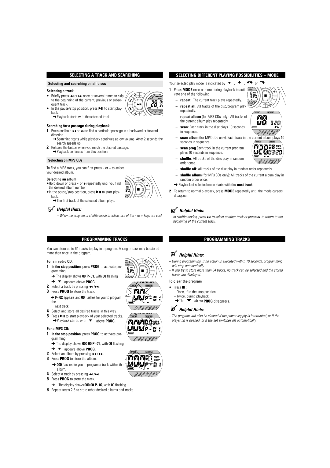 Philips EXP2301/00 Selecting a Track and Searching, Programming Tracks, Selecting Different Playing Possibilities − Mode 